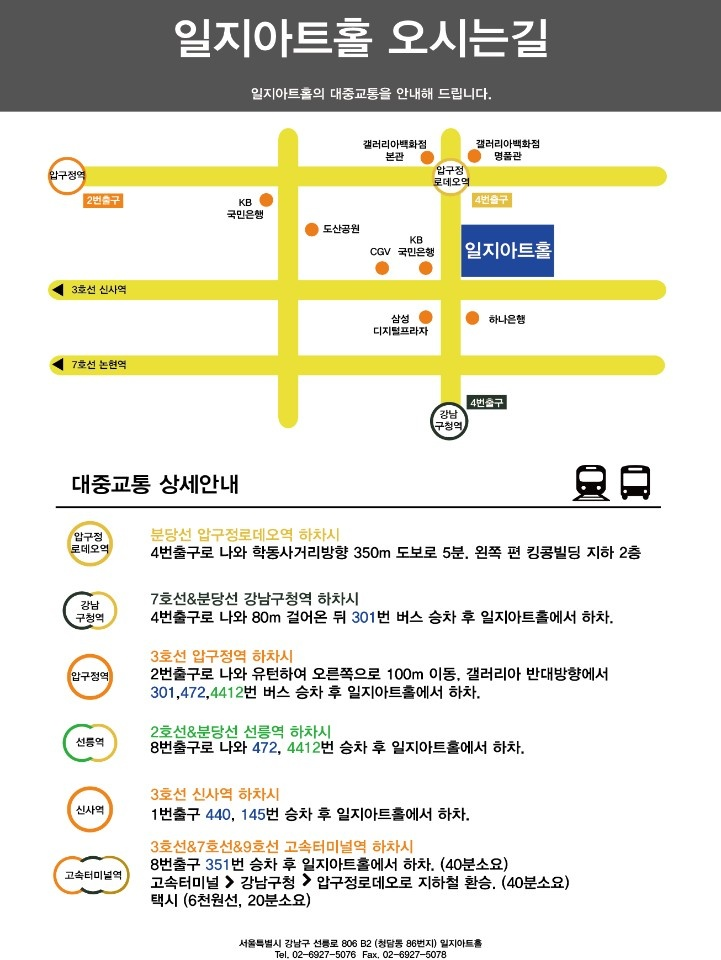 일지아트홀 오시는길 일지아트홀의 대중교통을 안내해 드립니다. 대중교통 상세안내 압구정로데오역 분당선 압구정로데오역 하차시 4번출구로 나와 학동사거리방향 350m 도보로 5분, 왼쪽 편 킹콩빌딩 지하 2층 강남구청역 7호선&분당선 강남구청역 하차시 4번출구로 나와 80m 걸어온 뒤 301번 버스 승차 후 일지아트홀에서 하차 압구정역 3호선 압구정역 하차시 2번출구로 나와 유턴하여 오른쪽으로 100m 이동, 갤러리아 반대방향에서 301,472,4412번 버스 승차 후 일지아트홀에서 하차 선릉역 2호선&분당선 선릉역 하차시 8번출구로 나와 472,4412번 승차 후 일지아트홀에서 하자 신사역 3호선 신사역 하차시 1번출구 440,145번 승차 후 일지아트홀에서 하차 고속터미널역 3호선&7호선&9호선 고속터미널역 하차시 8번출구 351번 승차 후 일지아트홀에서 하차(40분소요) 고속터미널>강남구청>압구정로데오로 지하철 환승(40분소요) 택시(6천원선, 20분소요) 서울특별시 강남구 선릉로 806 B2 (청담동 86번지) 일지아트홀 전화 02-6927-5076 팩스 02-6927-5078